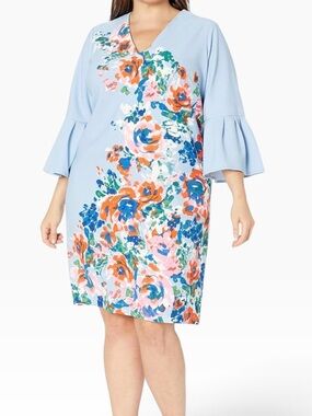DM Collection Light Blue with Engineered Floral Print Bell Sleeve Sheath Dress